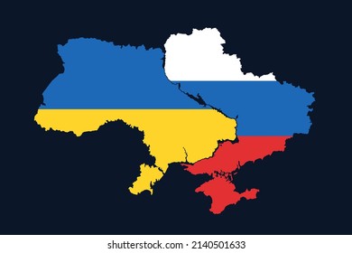 Ukraine is split, divided and separated into Ukrainian and Russian part. Dissolution, collapse and disintegration of united state and country. Map and national flag of Ukraine and Russia. Vector.