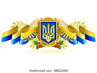 Ukraine state symbol with floral objects and ribbon banner