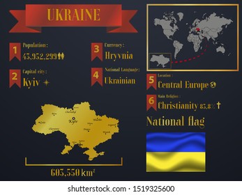 Ukraine statistic data visualization, travel, tourism destination infographic, information. Graphic vector illustration. National flag, european country silhouette, world map icon business element
