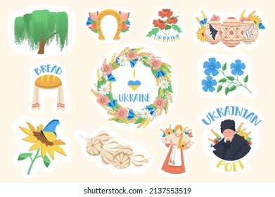 Ukraine stickers set. Bundle of Ukrainian cultural symbols, poet Shevchenko, flowers wreath, Easter eggs, bread and other badge. Vector illustration with isolated printed material in flat design