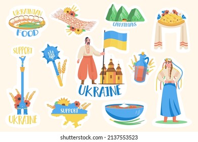 Ukraine stickers set. Bundle of Ukrainian food and drink, yellow blue flag, country, traditional clothes, Carpathians and other badge. Vector illustration with isolated printed material in flat design