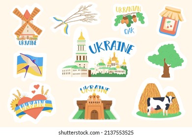 Ukraine stickers set. Bundle of Ukrainian city landmarks and church, oak and twig, cherry jam, mill, cow, swallow and other badge. Vector illustration with isolated printed material in flat design