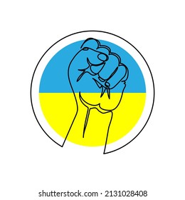 Ukraine struggle icon, sign . War in Ukraine. Fist up hand gesture. One continuous line art drawing vector illustration of arm folded in a fist with ukrainian flag background.