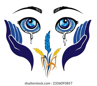 Ucrania apoya el llanto de los ojos y el trigo. Ilustración vectorial