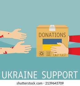 Unterstützung durch die Ukraine. Die Spenderbox wurde von Hand zu Hand übergeben. Flaches Design, Illustration.