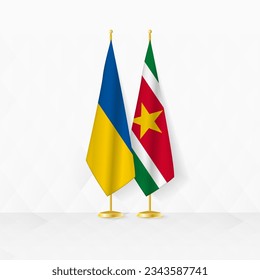 Ukraine and Suriname flags on flag stand, illustration for diplomacy and other meeting between Ukraine and Suriname. Vector illustration.