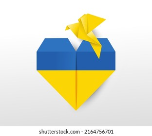 Ukraine Symbol des Friedens. Stoppt den Krieg in der Ukraine! HerzOrigami Ukraine Flaggensymbol. Blaugelbe Fahne. Internationales Friedenssymbol im Origami-Stil.