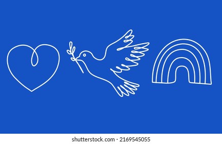 Ukraine symbol set continuous line vector on blue background. Dove , heart and Rainbow single line vector. 