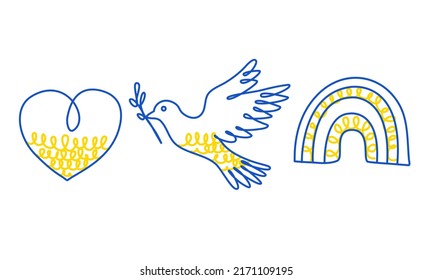Ukraine symbol set continuous line vector on white background. Dove , heart and Rainbow single line vector. 