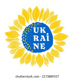 Ukraine text on blue and yellow sunflower flower hand drawn as doodle and for merch or sticker