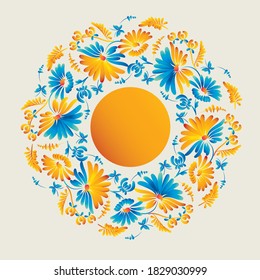 Ukraine traditional brush paint folk flowers round wreath for card, header, invitation, poster, social media, post publication. vector poster with Ukrainian sun element in yellow and blue.   
