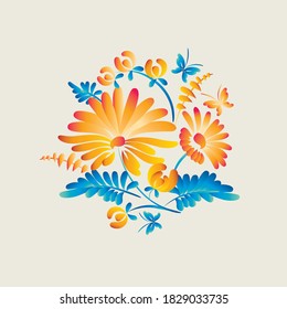 Ukraine traditional brush paint folk flowers pattern for card, header, invitation, poster, social media, post publication. vector poster with Ukrainian element in yellow and blue.   
