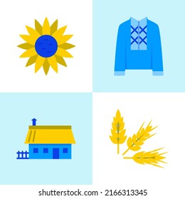 Ukraine traditional symbols icon set in flat style. Embroidered shirt, sunflower, wheat ears, mazanka. Vector illustration.