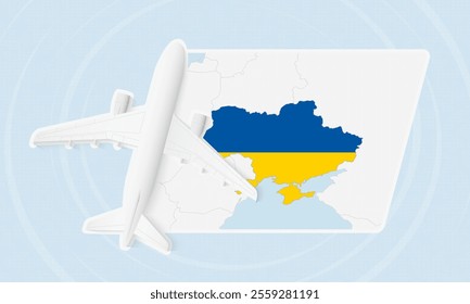 Ukraine Travel Illustration with Plane and National Flag. Ideal for travel agencies, promotional materials, or geographic content related to Ukraine.