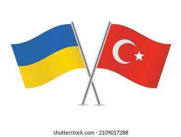 Ukraine and Turkey crossed flags. Ukrainian and Turkish flags isolated on white background. Vector illustration.