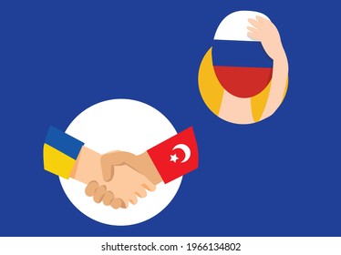 Ukraine and Turkey hand shake and Russia can be seen in distance, Concept art about tension between Ukraine, Turkey and Russia