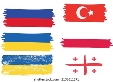 Ukraine, Turkey, Poland, Georgia, and Russia flags