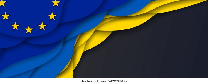 Ukraine UA and EU Europe Union flags papercut style background, banner, wallpaper for text. Cooperation, partnership membership patriotic template