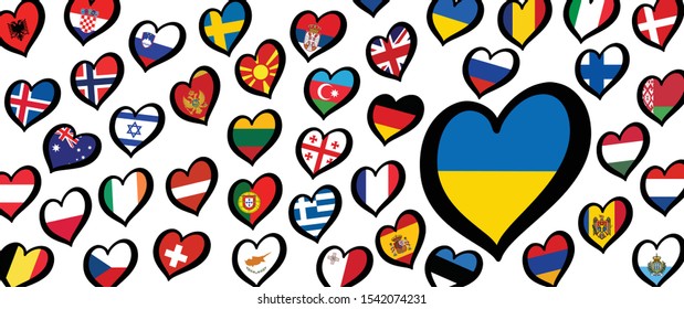 Ukraine Ukrainian flag and different countries flags with heart  logo. Europe, eurovision music song festival, contest. Music songs, vision dreams. Euro TV icon pattern. Kalush Orchestra, Stefania.