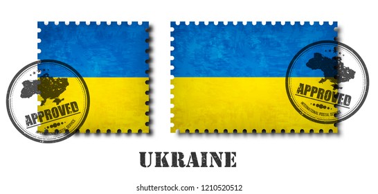 Ukraine or Ukrainian flag pattern postage stamp with grunge old scratch texture and affix a seal on isolated background . Black color country name with abrasion . Square and rectangle shape . Vector .