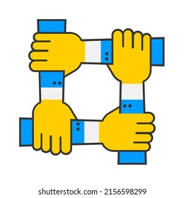 Ukraine And Ukrainian partnership.  Hands in a group of people connected together. Vector illustration. Eps 10.