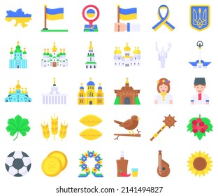 Ukraine and Ukrainians related flat icon set, vector illustration