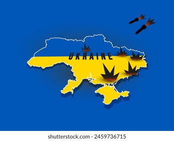 Ukraine is under attack. Vector illustration with Ukrainian territory exploding during a missile attack. 