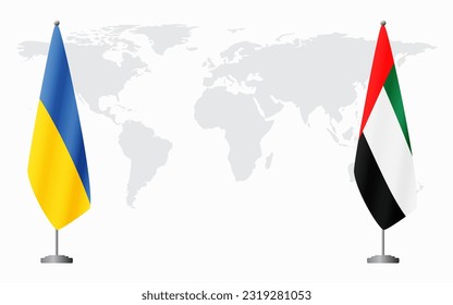 Flaggen der Ukraine und der Vereinigten Arabischen Emirate für offizielle Treffen vor dem Hintergrund der Weltkarte.