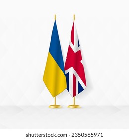 Ukraine and United Kingdom flags on flag stand, illustration for diplomacy and other meeting between Ukraine and United Kingdom. Vector illustration.