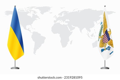 Ukraine and United States Virgin Islands flags for official meeting against background of world map.