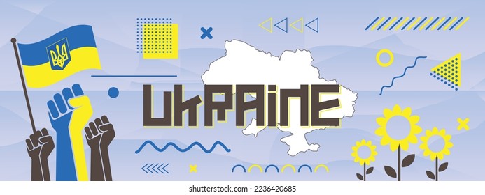 Ukraine Unity, Statehood and national day banner for Independence day with abstract modern design. Landmarks, sunflower, raised fists and geometric background with Flag color theme.