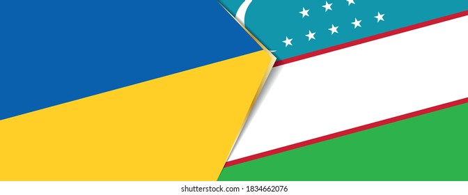 Die Flaggen der Ukraine und Usbekistans, zwei Vektorfahnen Symbol für Beziehung oder Konfrontation.