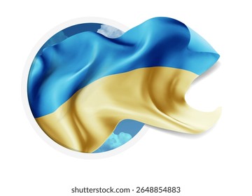 Ukraine, vector 3d flag against a blue sky, through a round hole on a white background
