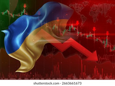 Ukraine, Vektor 3D Flagge Finanzaustausch Trend nach unten