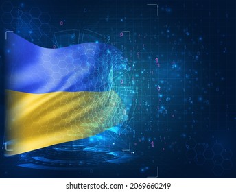 Ukraine, Vektorgrafik 3D-Flagge auf blauem Hintergrund mit hud-Schnittstellen