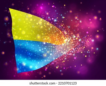 Ukraine, vector 3d flag on pink purple background with lighting and flares