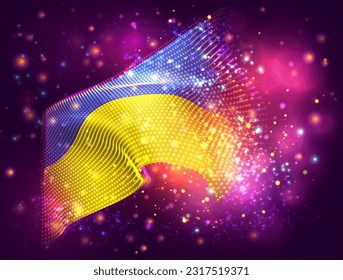 Ucrania, bandera vectorial 3d sobre fondo púrpura rosa con iluminación y bengalas