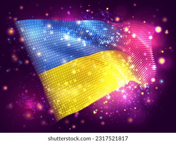 Ukraine, vector 3d flag on pink purple background with lighting and flares