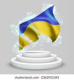 Ukraine, vector 3d flag on the podium surrounded by a whirlwind of magical radiance