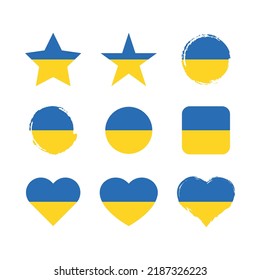 Ukraine vector circle and heart flag set. Ukrainian dry brush and grunge effect stamp flags.
