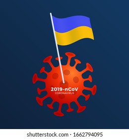 Bandera vectorial de Ucrania anclada a un coronavirus. Detengan el brote de 2019-nCoV. Peligro del coronavirus y riesgo de enfermedad de la salud pública y brote de gripe. Concepto médico de pandemia con células peligrosas