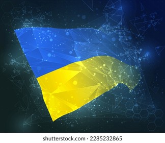 Ukraine, Vektorflagge, virtuelles abstraktes 3D-Objekt aus dreieckigen Polygonen auf blauem Hintergrund