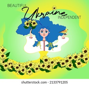 Ukraine. Vektorgrafik mit der Ukraine Karte auf dem Bild eines jungen Mädchens, das eine Sonnenblume hält, ang kleinen Vogel in ihren Händen.