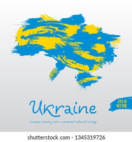 Ukraine vector map with abstract grunge brush painted into state flag colors. Vector illustration.