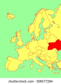 Ukraine vector map, Europe, vector map silhouette illustration isolated on Europe map. Editable blank vector map of Europe.
