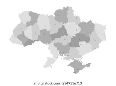 Ukraine Vector Map with subdivisions and major cities mapped (optionally). Ukrainian Map. Gray, grey colors