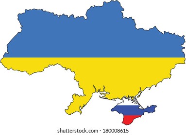 Ukraine vector map with Ukrainian and Russian flag on the Crimea peninsula.