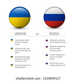 Ukraine versus Russia compate table template with Ukraian and Russia circle pin button flag badges, list of various text information against Russia war in Ukraine