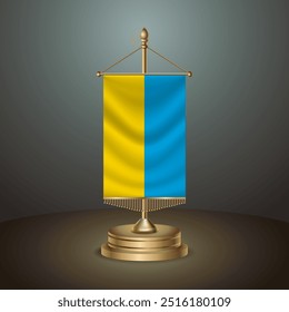 Bandera de mesa de Vertical de Ucrania con poste dorado sobre fondo degradado oscuro, Ilustración vectorial de Anuncio de Plantilla