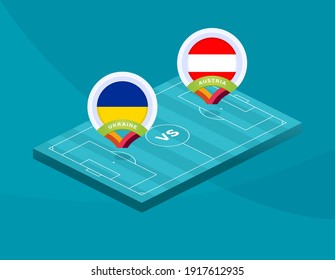 Ukraine gegen Österreich-Match. Fußball 2020 Meisterschaftsspiel gegen Mannschaften auf sportlichem Hintergrund, Meisterschaftwettbewerb Finalposter, flache Vektorgrafik.